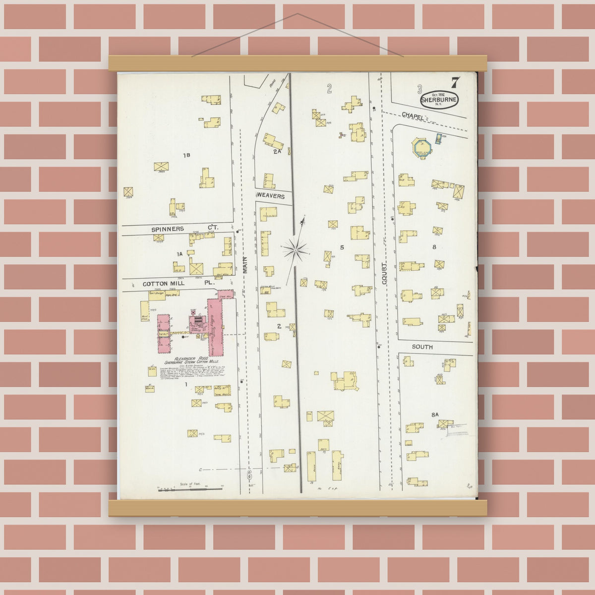 Old map wall art mockup — magnetic wood frame on brick wall — Sanborn Fire Insurance Map from Sherburne, Chenango County, New York (1892), Sheet #0007