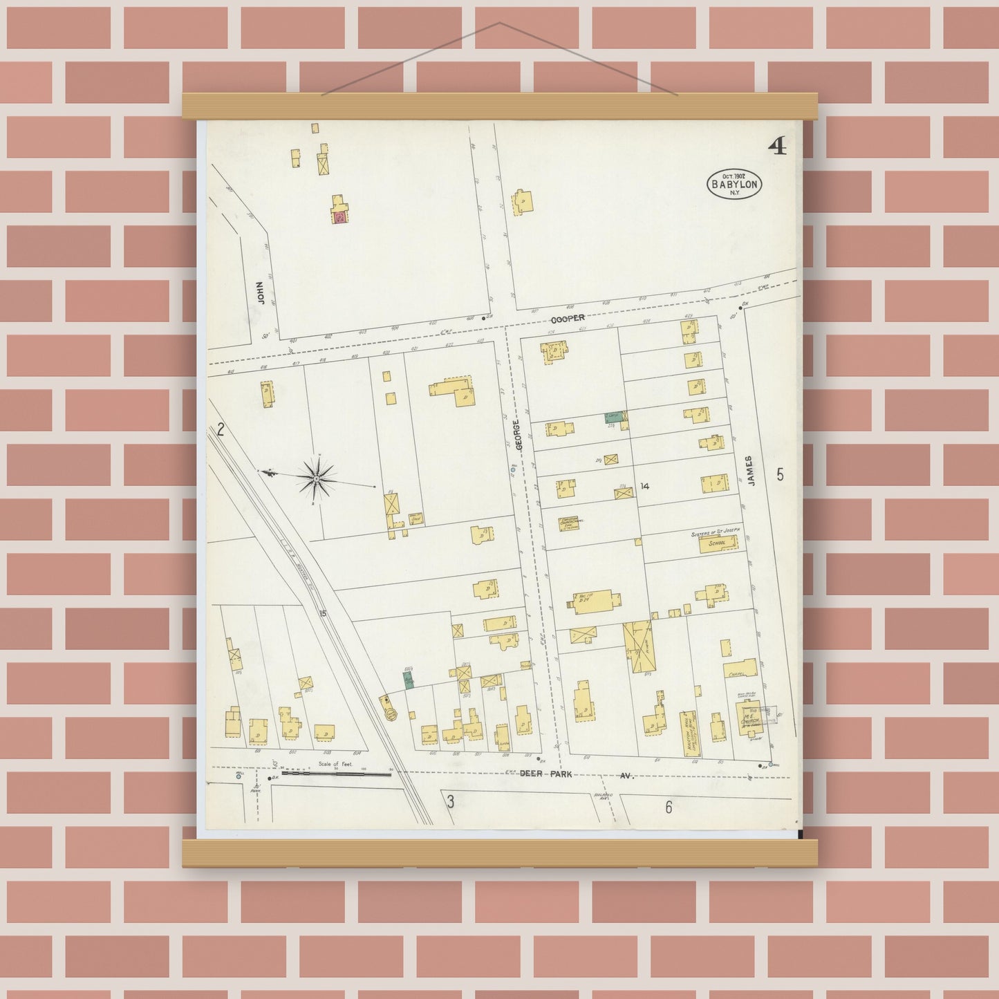 Old map wall art mockup — magnetic wood frame on brick wall — Sanborn Fire Insurance Map from Babylon, Suffolk County, New York (1902), Sheet #0004