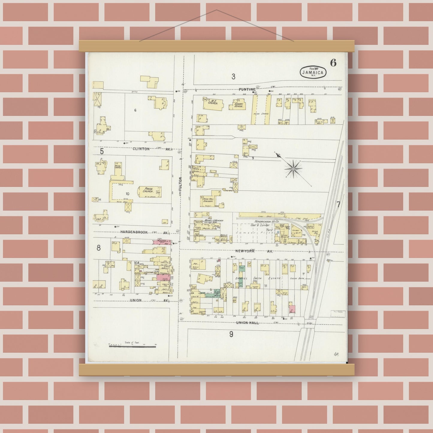 Old map wall art mockup — magnetic wood frame on brick wall — Sanborn Fire Insurance Map from Jamaica, Queens County, New York (1897), Sheet #0006