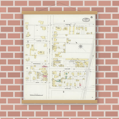 Old map wall art mockup — magnetic wood frame on brick wall — Sanborn Fire Insurance Map from Jamaica, Queens County, New York (1897), Sheet #0006