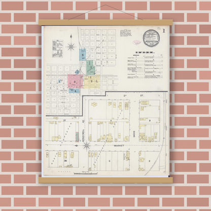 Old map wall art mockup — magnetic wood frame on brick wall — Sanborn Fire Insurance Map from Hoopeston, Vermilion County, Illinois (1890), Sheet #0001