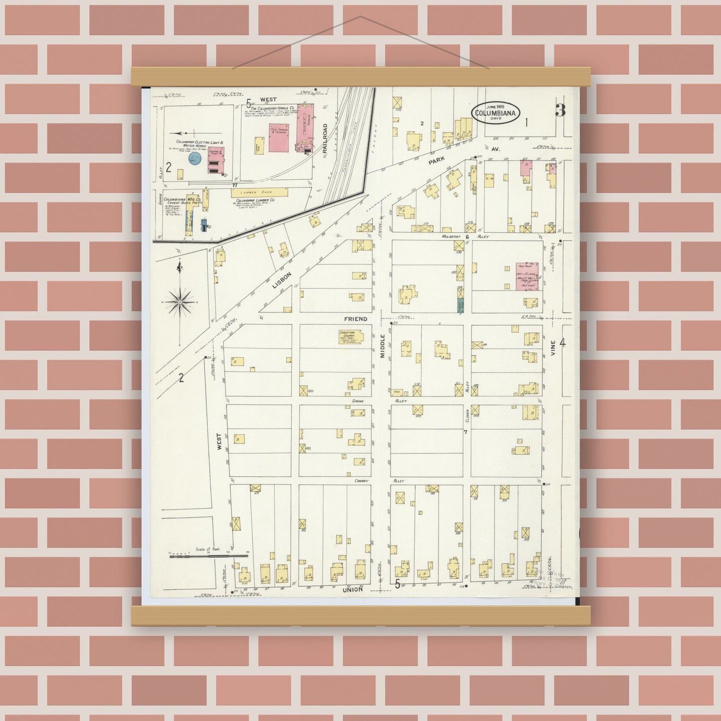 Old map wall art mockup — magnetic wood frame on brick wall — Sanborn Fire Insurance Map from Columbiana, Columbiana County, Ohio (1909), Sheet #0003