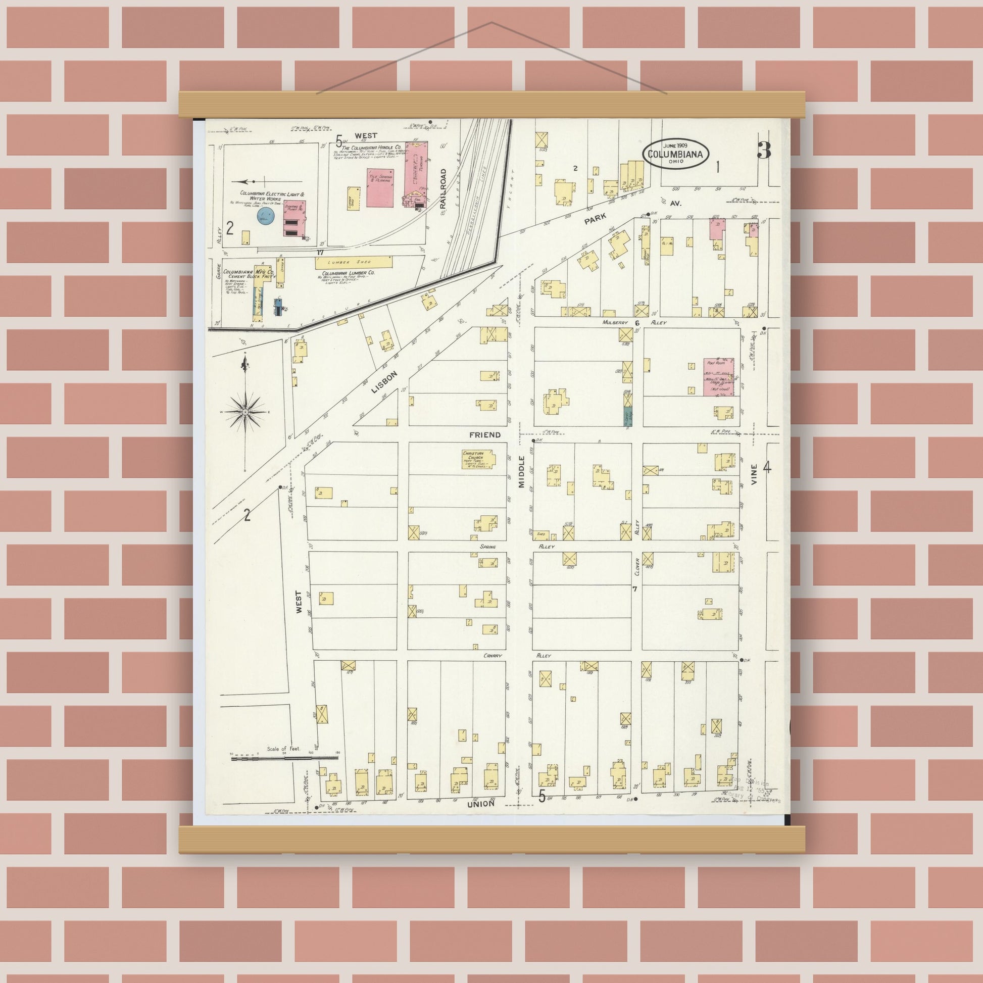 Old map wall art mockup — magnetic wood frame on brick wall — Sanborn Fire Insurance Map from Columbiana, Columbiana County, Ohio (1909), Sheet #0003