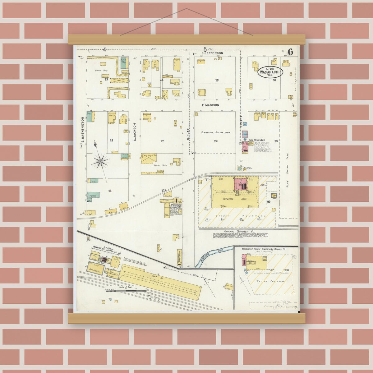 Old map wall art mockup — magnetic wood frame on brick wall — Sanborn Fire Insurance Map from Waxahachie, Ellis County, Texas (1898), Sheet #0006