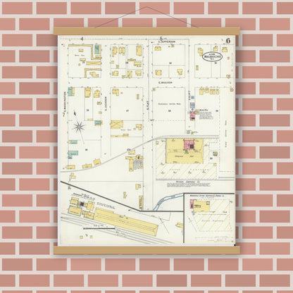 Old map wall art mockup — magnetic wood frame on brick wall — Sanborn Fire Insurance Map from Waxahachie, Ellis County, Texas (1898), Sheet #0006