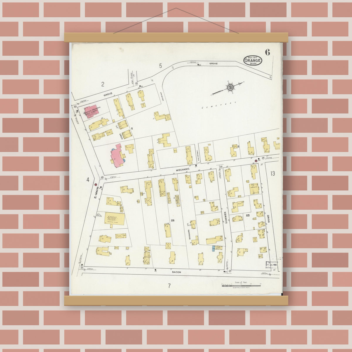Old map wall art mockup — magnetic wood frame on brick wall — Sanborn Fire Insurance Map from Orange, Franklin County, Massachusetts (1917), Sheet #0006