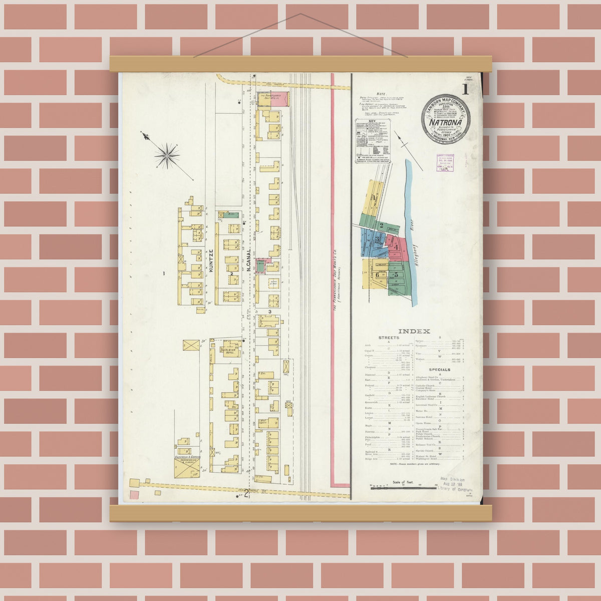 Old map wall art mockup — magnetic wood frame on brick wall — Sanborn Fire Insurance Map from Natrona, Allegheny County, Pennsylvania (1906), Sheet #0001
