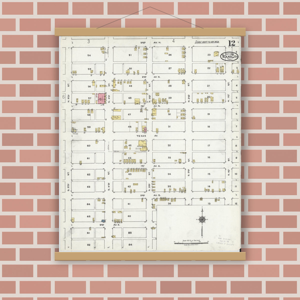 Old map wall art mockup — magnetic wood frame on brick wall — Sanborn Fire Insurance Map from Texas City, Galveston County, Texas (1920), Sheet #0012