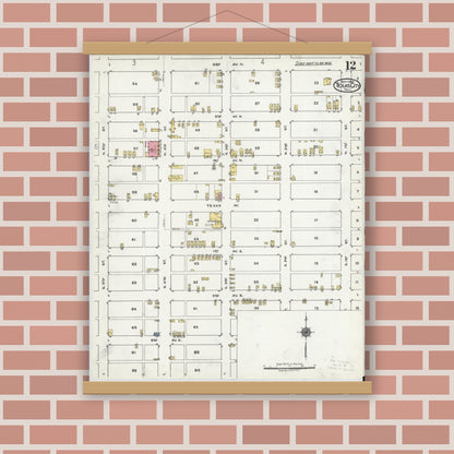 Old map wall art mockup — magnetic wood frame on brick wall — Sanborn Fire Insurance Map from Texas City, Galveston County, Texas (1920), Sheet #0012