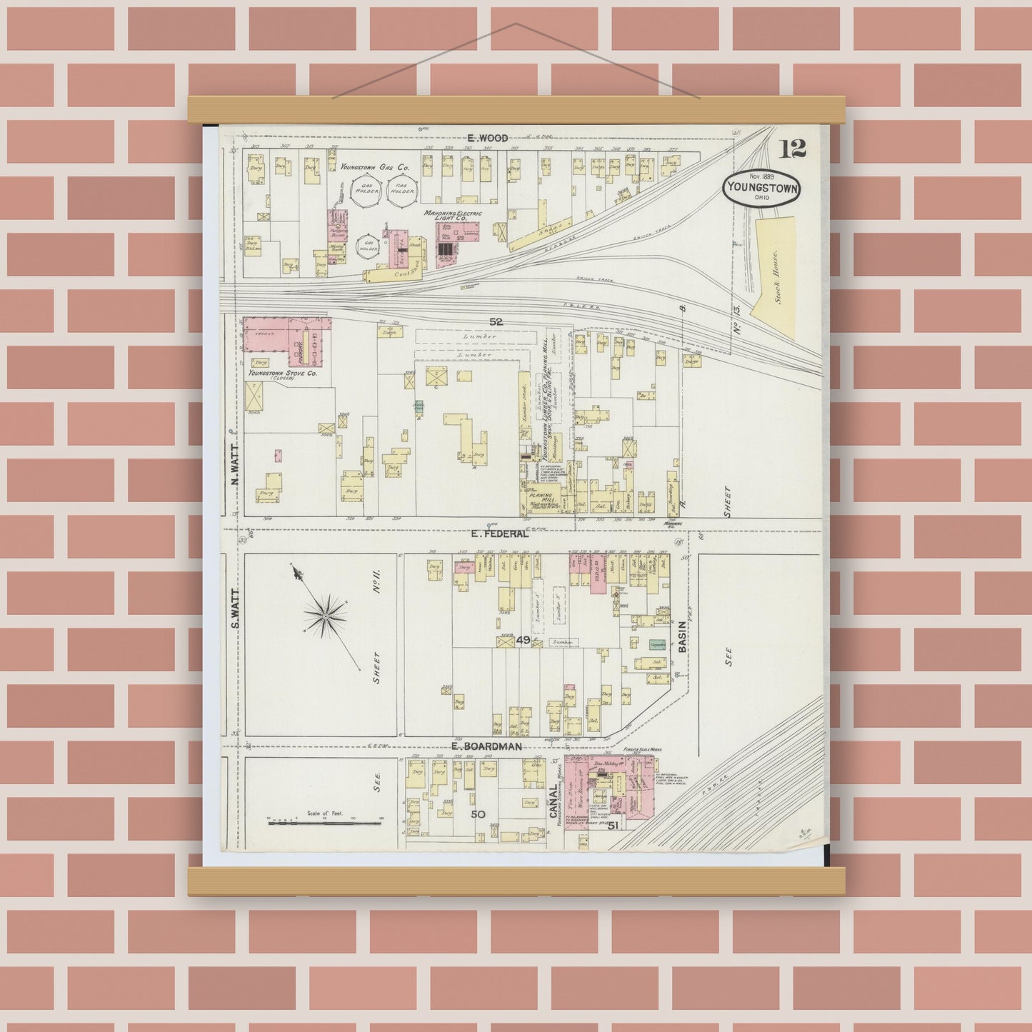 Old map wall art mockup — magnetic wood frame on brick wall — Sanborn Fire Insurance Map from Youngstown, Mahoning County, Ohio (1889), Sheet #0012