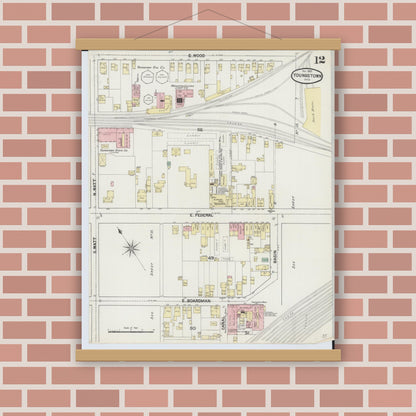 Old map wall art mockup — magnetic wood frame on brick wall — Sanborn Fire Insurance Map from Youngstown, Mahoning County, Ohio (1889), Sheet #0012