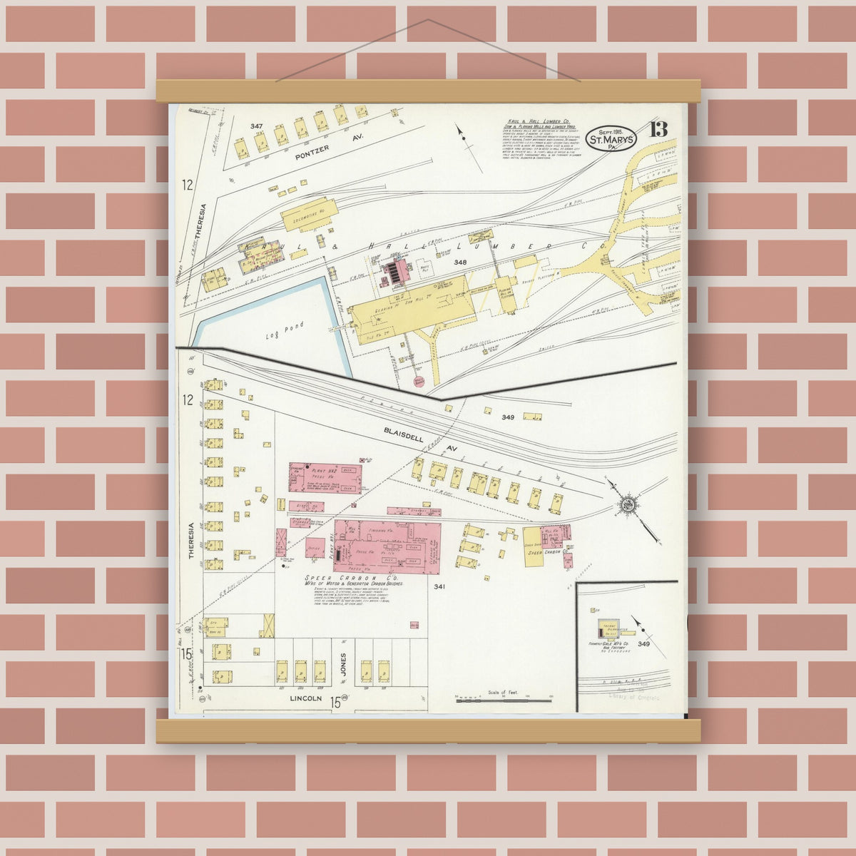 Old map wall art mockup — magnetic wood frame on brick wall — Sanborn Fire Insurance Map from Saint Marys, Elk County, Pennsylvania (1915), Sheet #0013