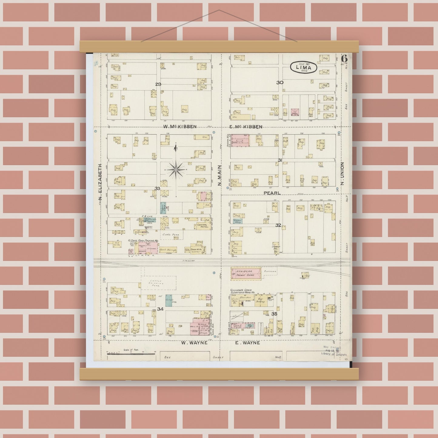 Old map wall art mockup — magnetic wood frame on brick wall — Sanborn Fire Insurance Map from Lima, Allen County, Ohio (1887), Sheet #0006