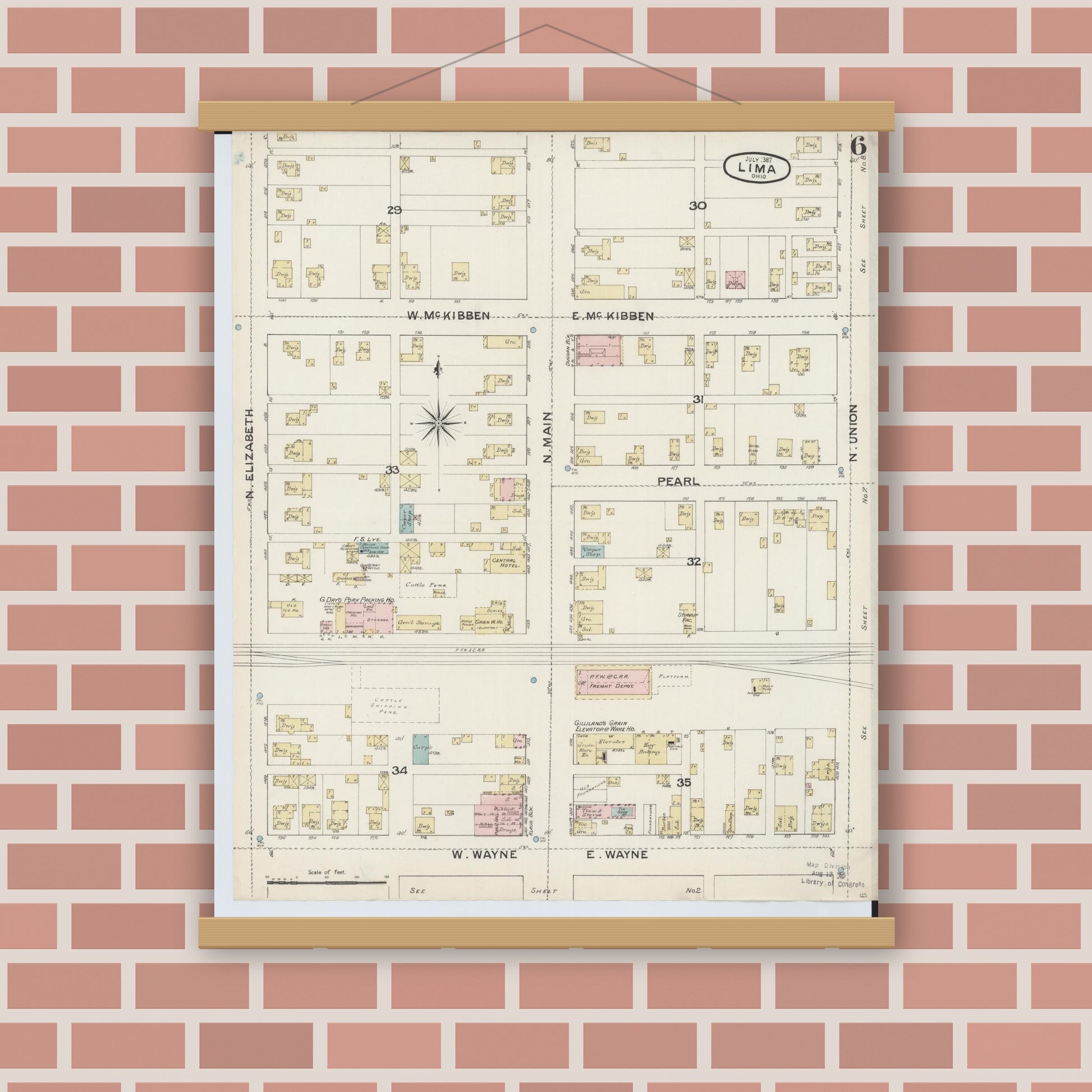 Old map wall art mockup — magnetic wood frame on brick wall — Sanborn Fire Insurance Map from Lima, Allen County, Ohio (1887), Sheet #0006