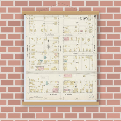 Old map wall art mockup — magnetic wood frame on brick wall — Sanborn Fire Insurance Map from Lima, Allen County, Ohio (1887), Sheet #0006