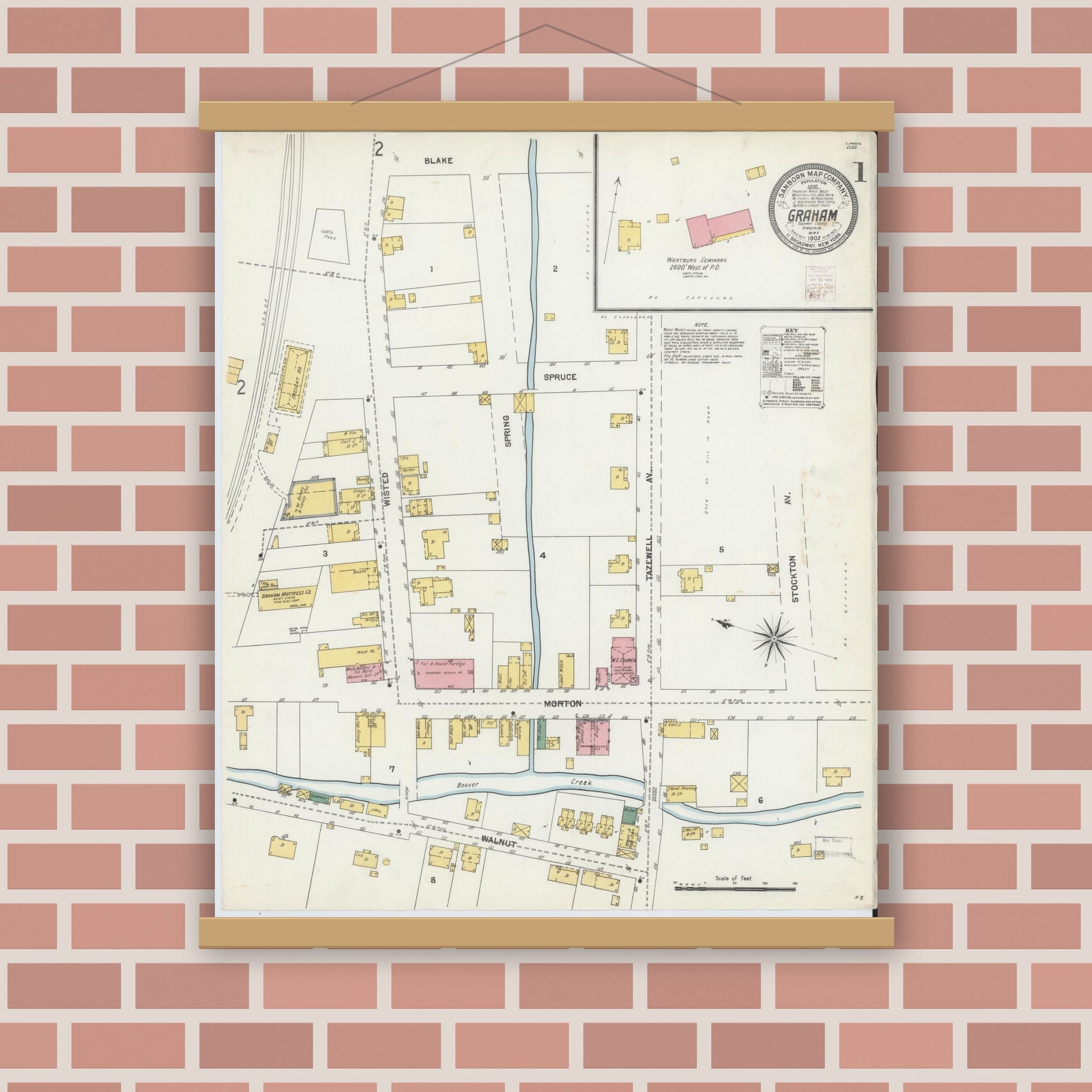 Old map wall art mockup — magnetic wood frame on brick wall — Sanborn Fire Insurance Map from Graham, Tazewell County, Virginia (1903) - Complete Map Set