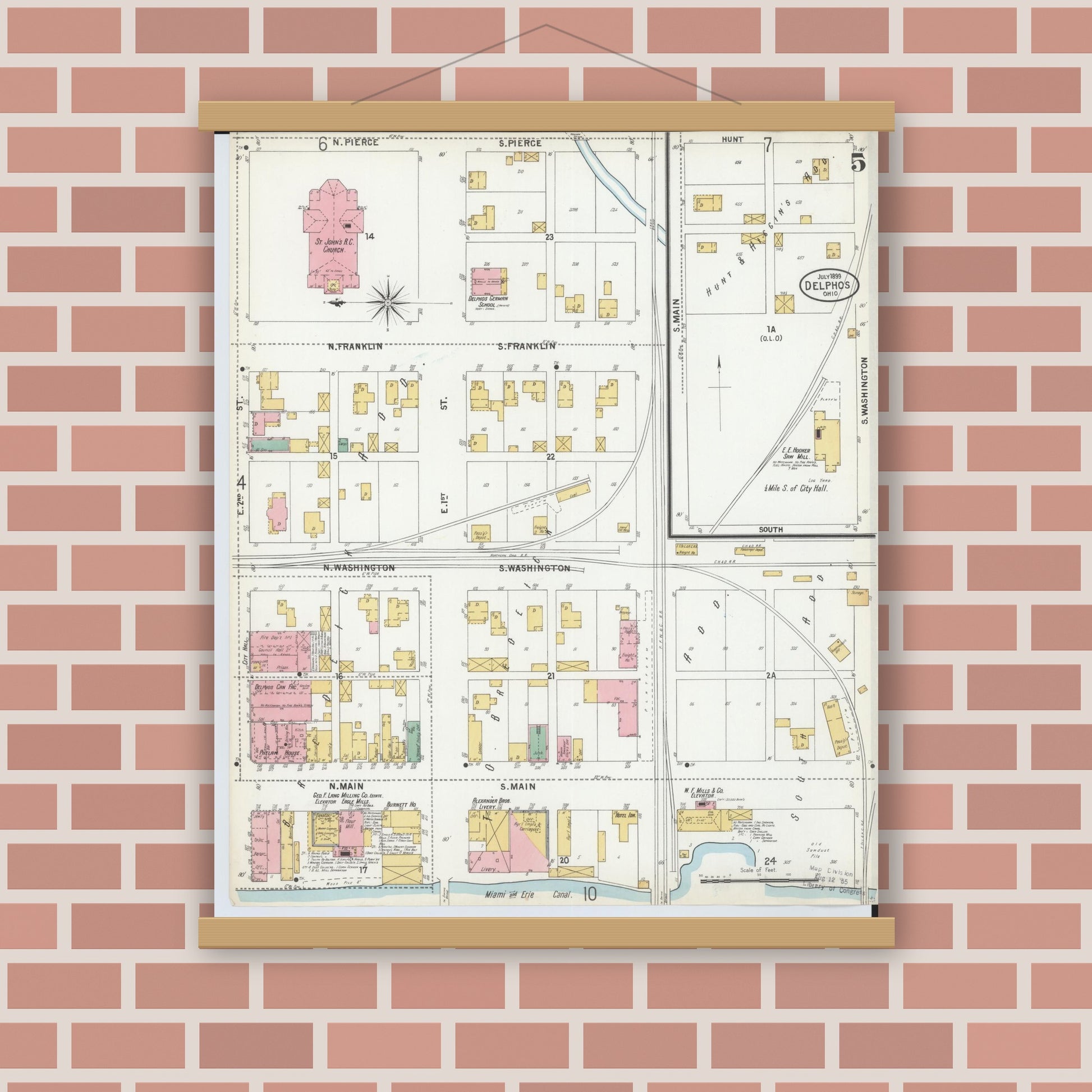Old map wall art mockup — magnetic wood frame on brick wall — Sanborn Fire Insurance Map from Delphos, Van Wert And Allen Counties, Ohio (1899), Sheet #0005