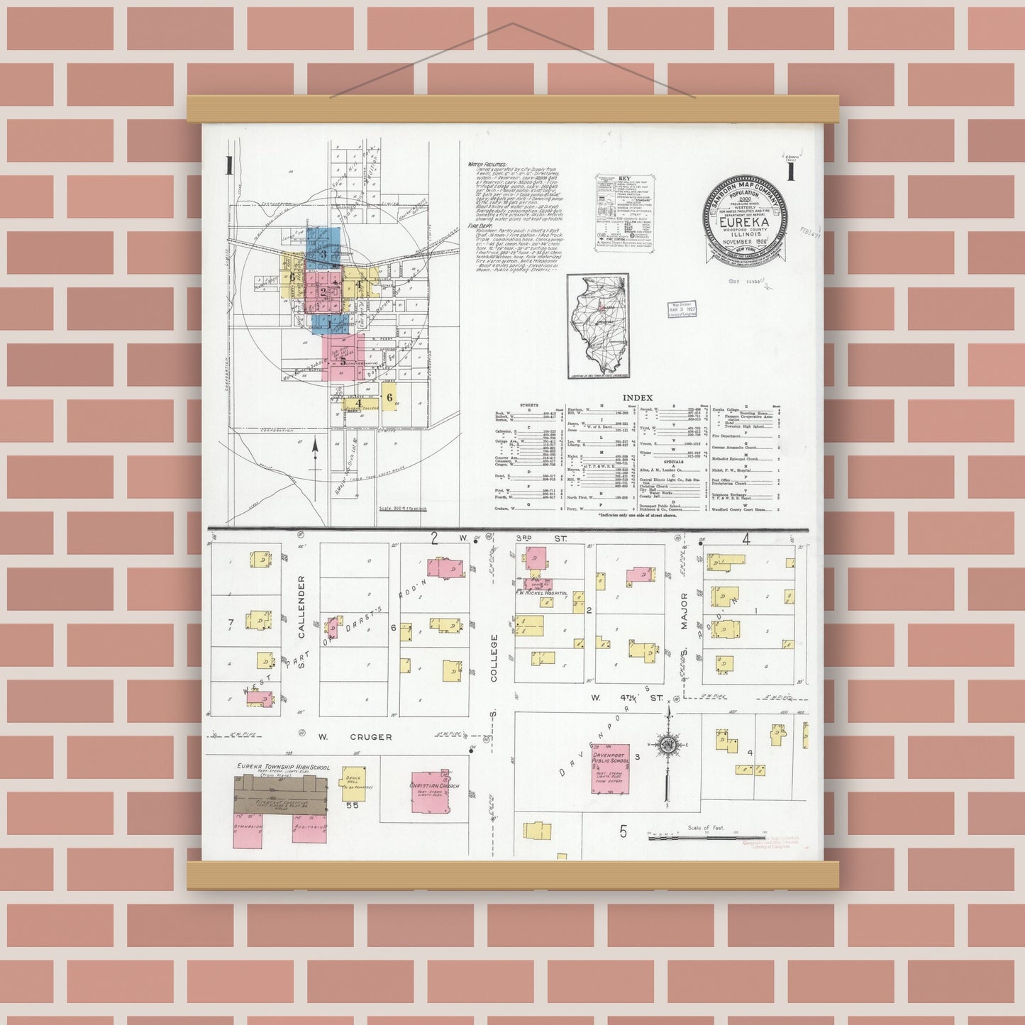 Old map wall art mockup — magnetic wood frame on brick wall — Sanborn Fire Insurance Map from Eureka, Woodford County, Illinois (1926) - Complete Map Set