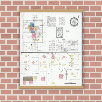 Old map wall art mockup — magnetic wood frame on brick wall — Sanborn Fire Insurance Map from Eureka, Woodford County, Illinois (1926) - Complete Map Set