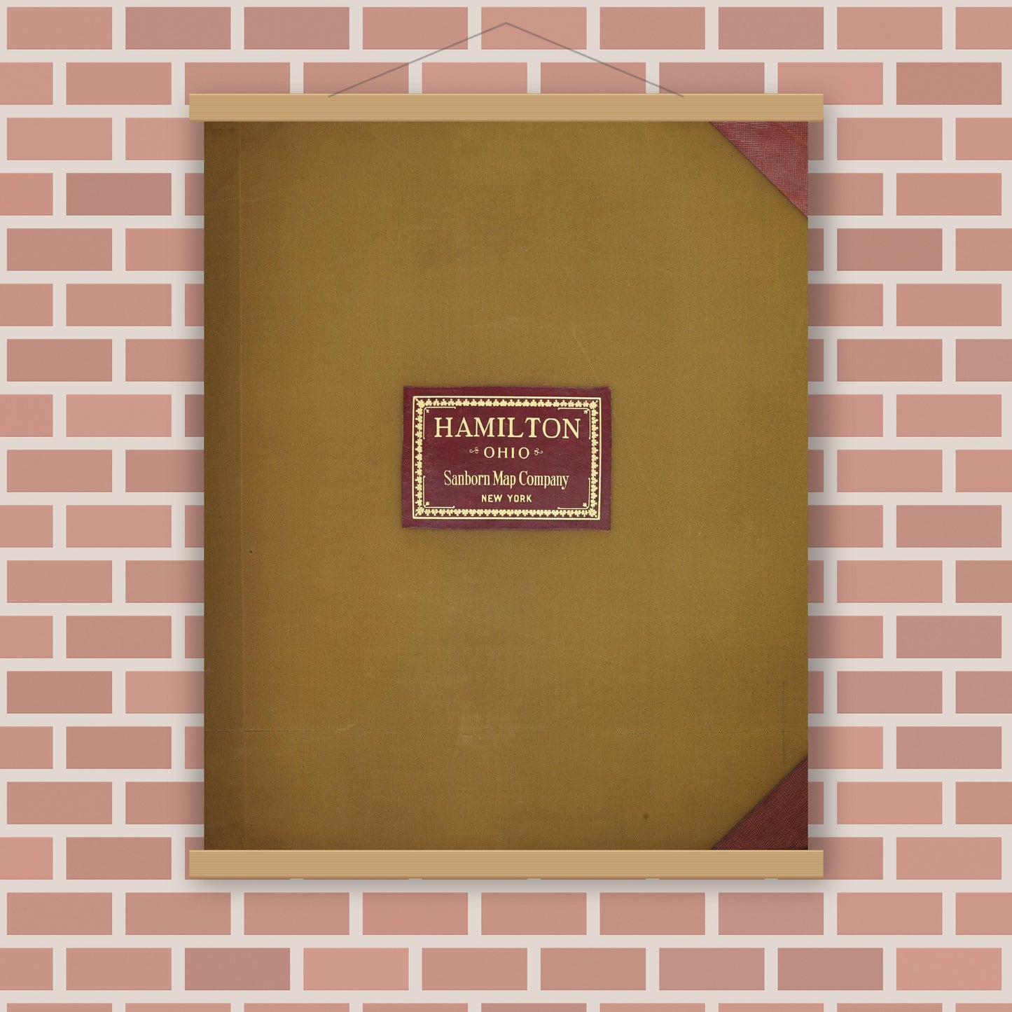 Old map wall art mockup — magnetic wood frame on brick wall — Sanborn Fire Insurance Map from Hamilton, Butler County, Ohio (1950), Sheet #0001
