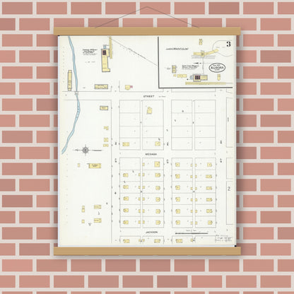 Old map wall art mockup — magnetic wood frame on brick wall — Sanborn Fire Insurance Map from Aurora, Saint Louis County, Minnesota (1909), Sheet #0003