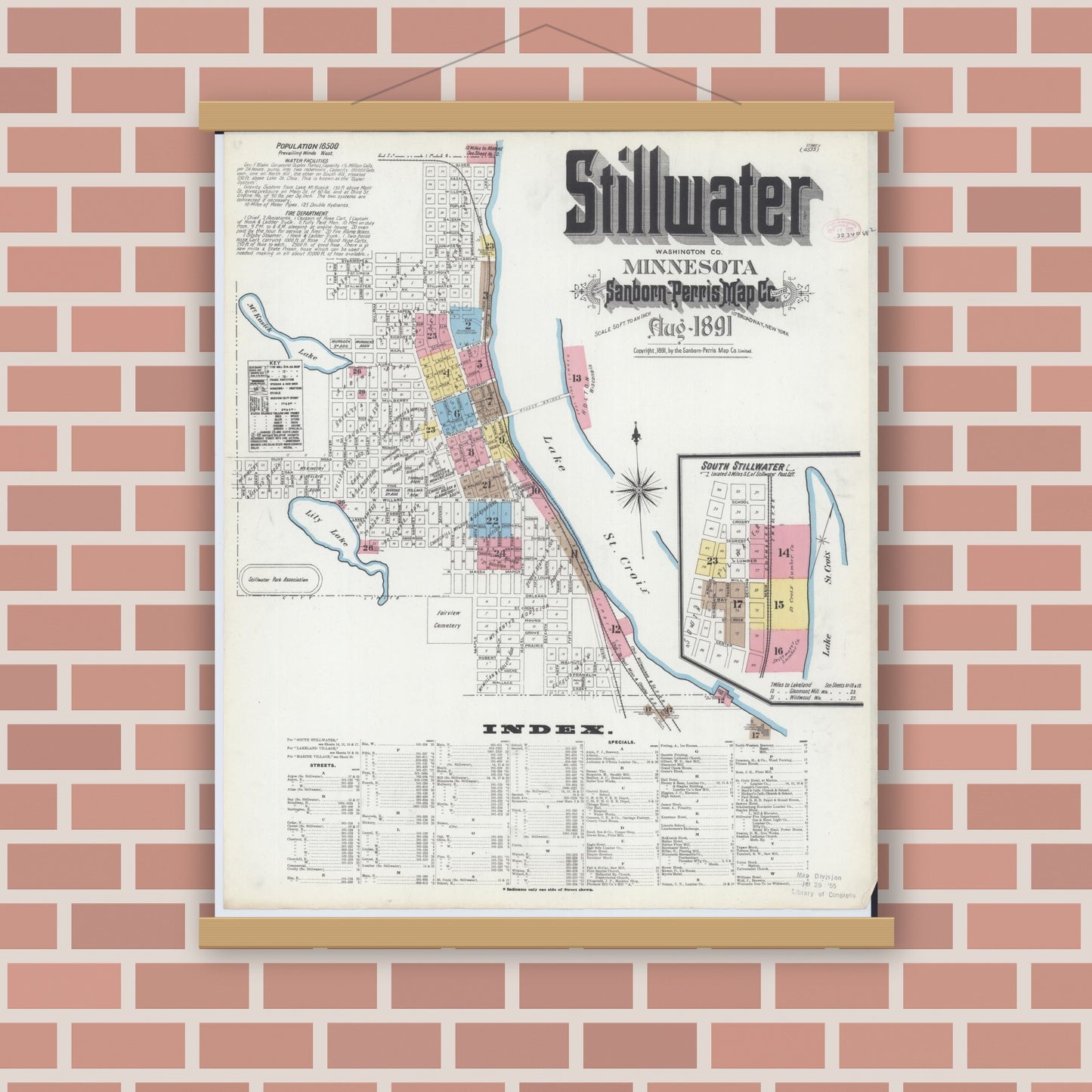 Old map wall art mockup — magnetic wood frame on brick wall — Sanborn Fire Insurance Map from Stillwater, Washington County, Minnesota (1891), Sheet #0001