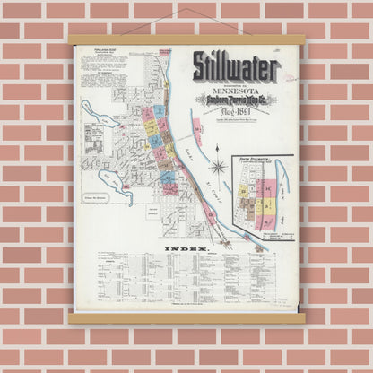 Old map wall art mockup — magnetic wood frame on brick wall — Sanborn Fire Insurance Map from Stillwater, Washington County, Minnesota (1891), Sheet #0001