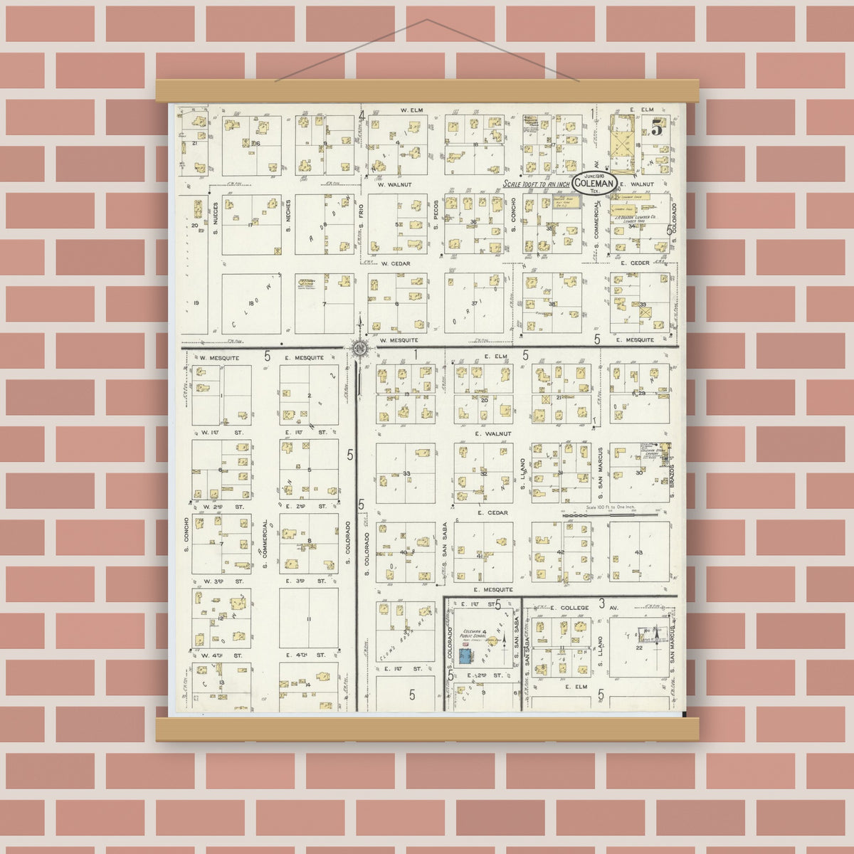 Old map wall art mockup — magnetic wood frame on brick wall — Sanborn Fire Insurance Map from Coleman, Coleman County, Texas (1916), Sheet #0005