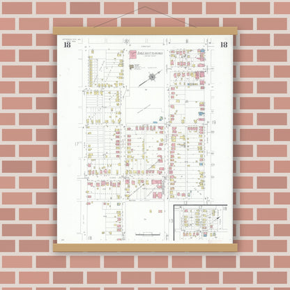 Old map wall art mockup — magnetic wood frame on brick wall — Sanborn Fire Insurance Map from Jefferson City, Cole County, Missouri (1939), Sheet #0018