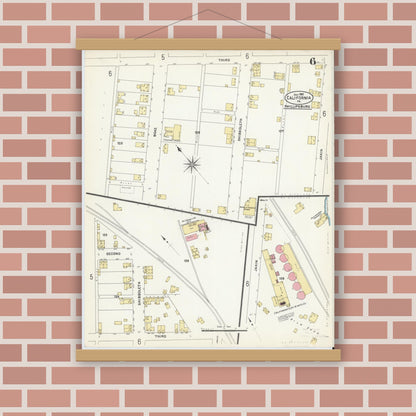 Old map wall art mockup — magnetic wood frame on brick wall — Sanborn Fire Insurance Map from California, Washington County, Pennsylvania (1907), Sheet #0006
