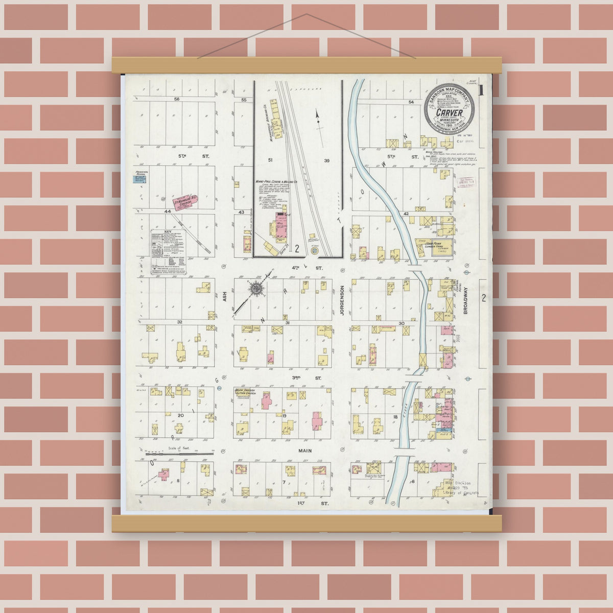 Old map wall art mockup — magnetic wood frame on brick wall — Sanborn Fire Insurance Map from Carver, Carver County, Minnesota (1911), Sheet #0001