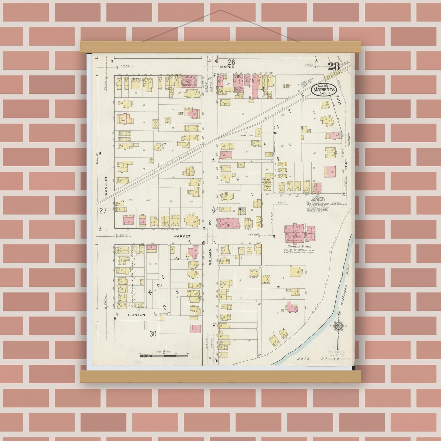 Old map wall art mockup — magnetic wood frame on brick wall — Sanborn Fire Insurance Map from Marietta, Washington County, Ohio (1915), Sheet #0028