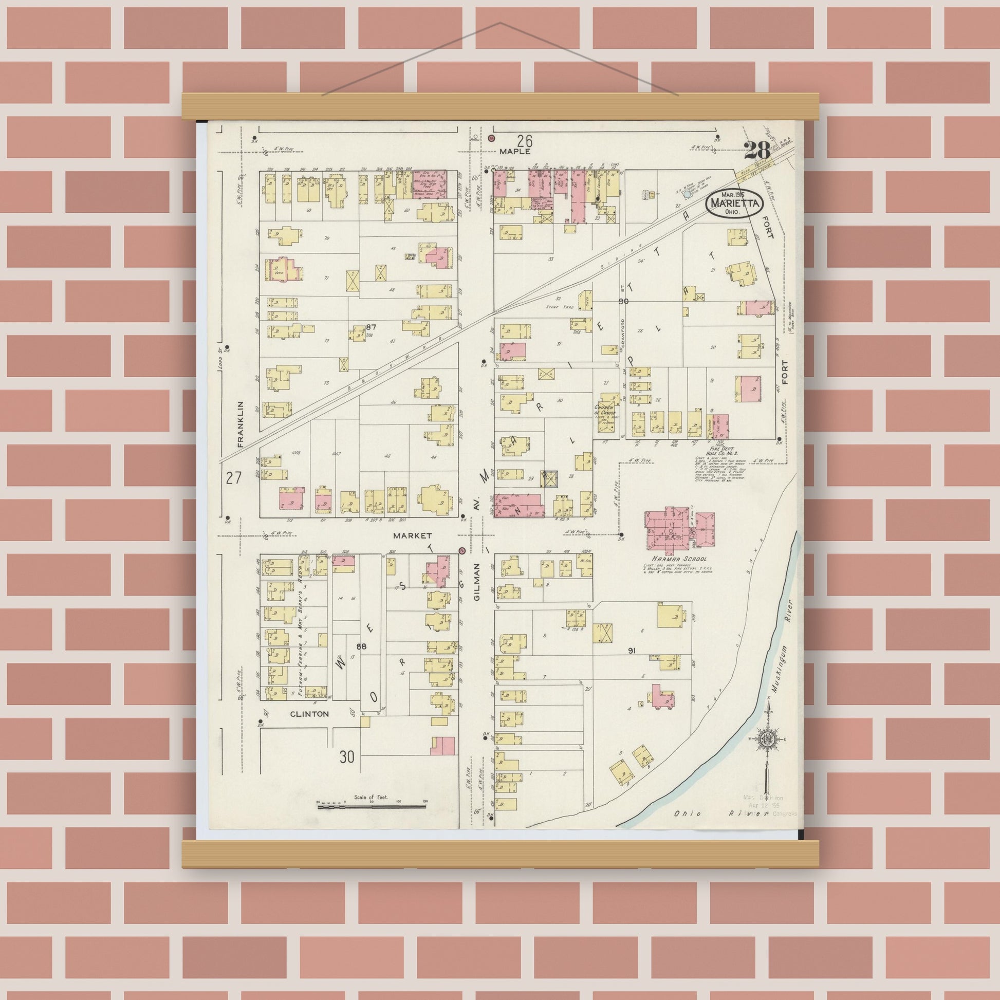 Old map wall art mockup — magnetic wood frame on brick wall — Sanborn Fire Insurance Map from Marietta, Washington County, Ohio (1915), Sheet #0028