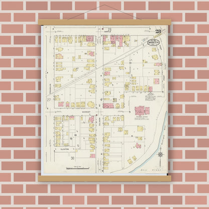 Old map wall art mockup — magnetic wood frame on brick wall — Sanborn Fire Insurance Map from Marietta, Washington County, Ohio (1915), Sheet #0028