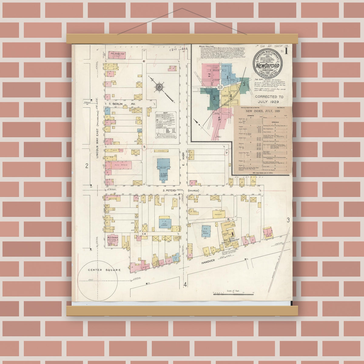 Old map wall art mockup — magnetic wood frame on brick wall — Sanborn Fire Insurance Map from New Oxford, Adams County, Pennsylvania (1929) - Complete Map Set