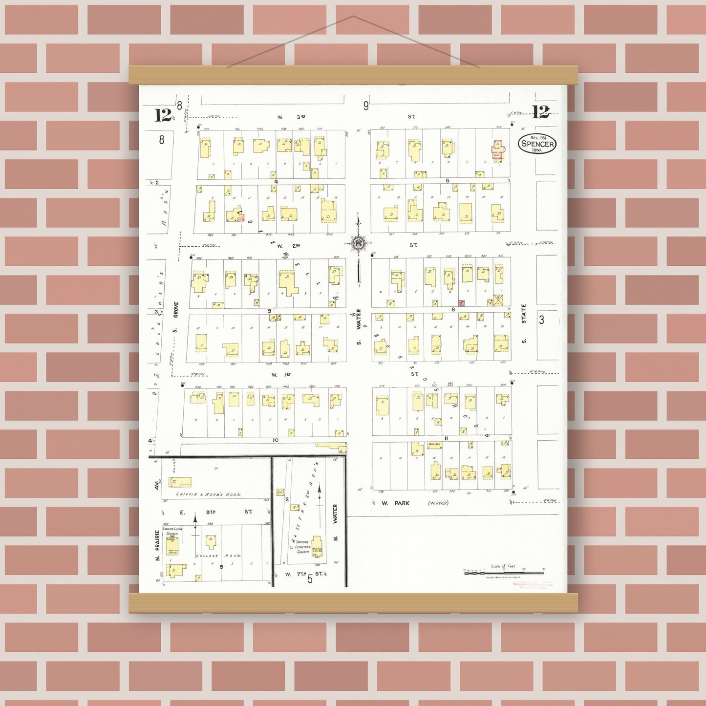 Old map wall art mockup — magnetic wood frame on brick wall — Sanborn Fire Insurance Map from Spencer, Clay County, Iowa (1924), Sheet #0012