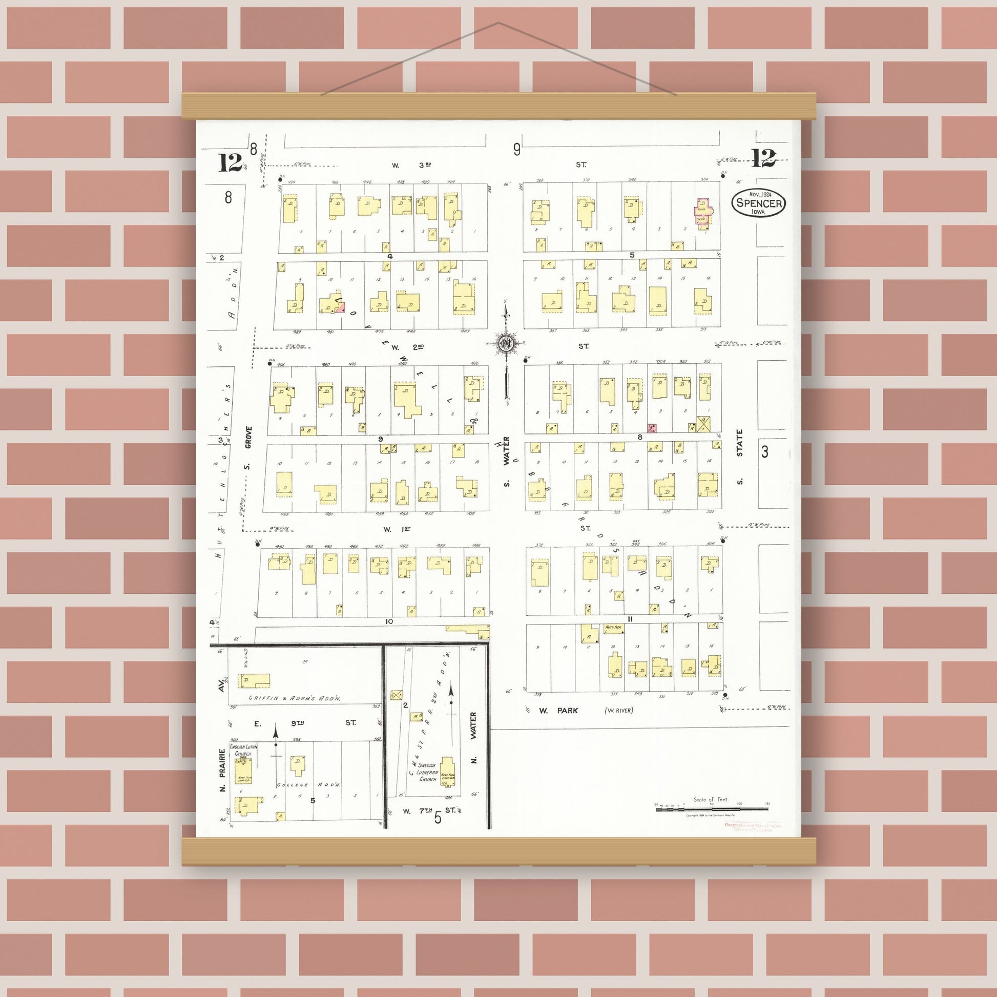 Old map wall art mockup — magnetic wood frame on brick wall — Sanborn Fire Insurance Map from Spencer, Clay County, Iowa (1924), Sheet #0012