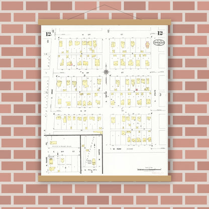 Old map wall art mockup — magnetic wood frame on brick wall — Sanborn Fire Insurance Map from Spencer, Clay County, Iowa (1924), Sheet #0012