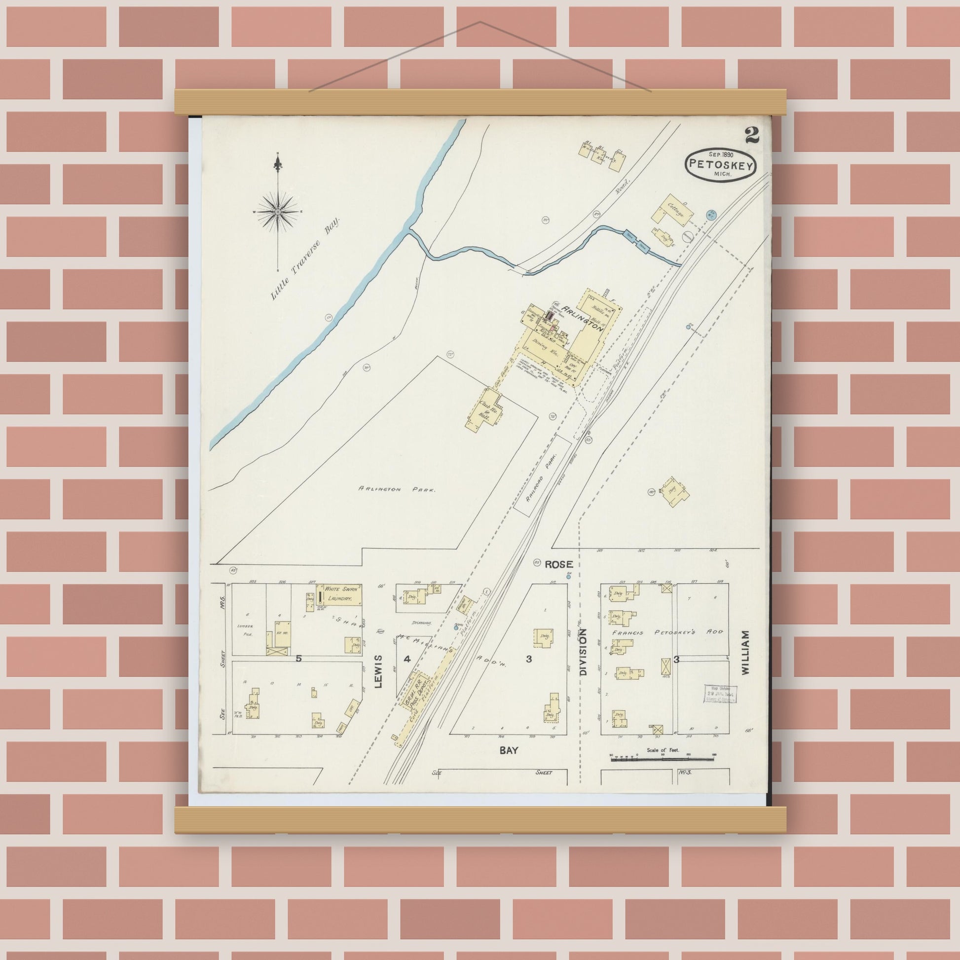 Old map wall art mockup — magnetic wood frame on brick wall — Sanborn Fire Insurance Map from Petoskey, Emmet County, Michigan (1890), Sheet #0002