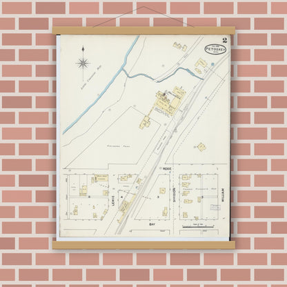 Old map wall art mockup — magnetic wood frame on brick wall — Sanborn Fire Insurance Map from Petoskey, Emmet County, Michigan (1890), Sheet #0002