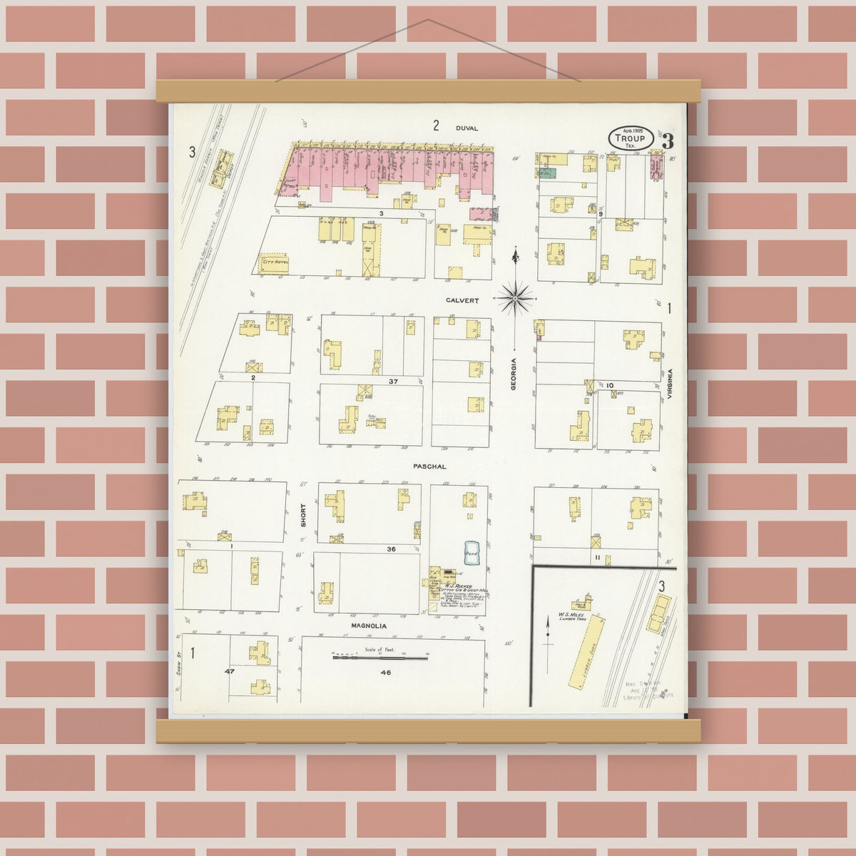 Old map wall art mockup — magnetic wood frame on brick wall — Sanborn Fire Insurance Map from Troup, Smith County, Texas (1909), Sheet #0003
