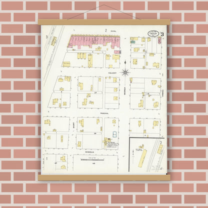 Old map wall art mockup — magnetic wood frame on brick wall — Sanborn Fire Insurance Map from Troup, Smith County, Texas (1909), Sheet #0003