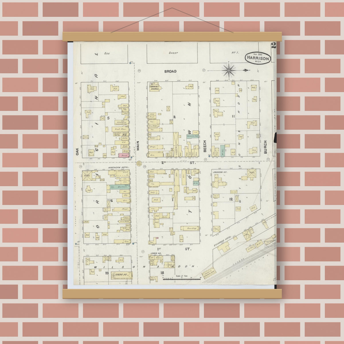 Old map wall art mockup — magnetic wood frame on brick wall — Sanborn Fire Insurance Map from Harrison, Clare County, Michigan (1890), Sheet #0002