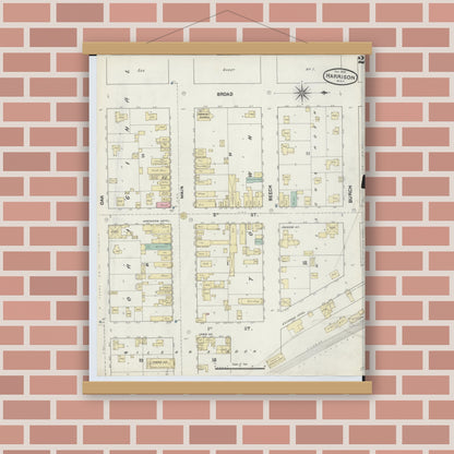 Old map wall art mockup — magnetic wood frame on brick wall — Sanborn Fire Insurance Map from Harrison, Clare County, Michigan (1890), Sheet #0002