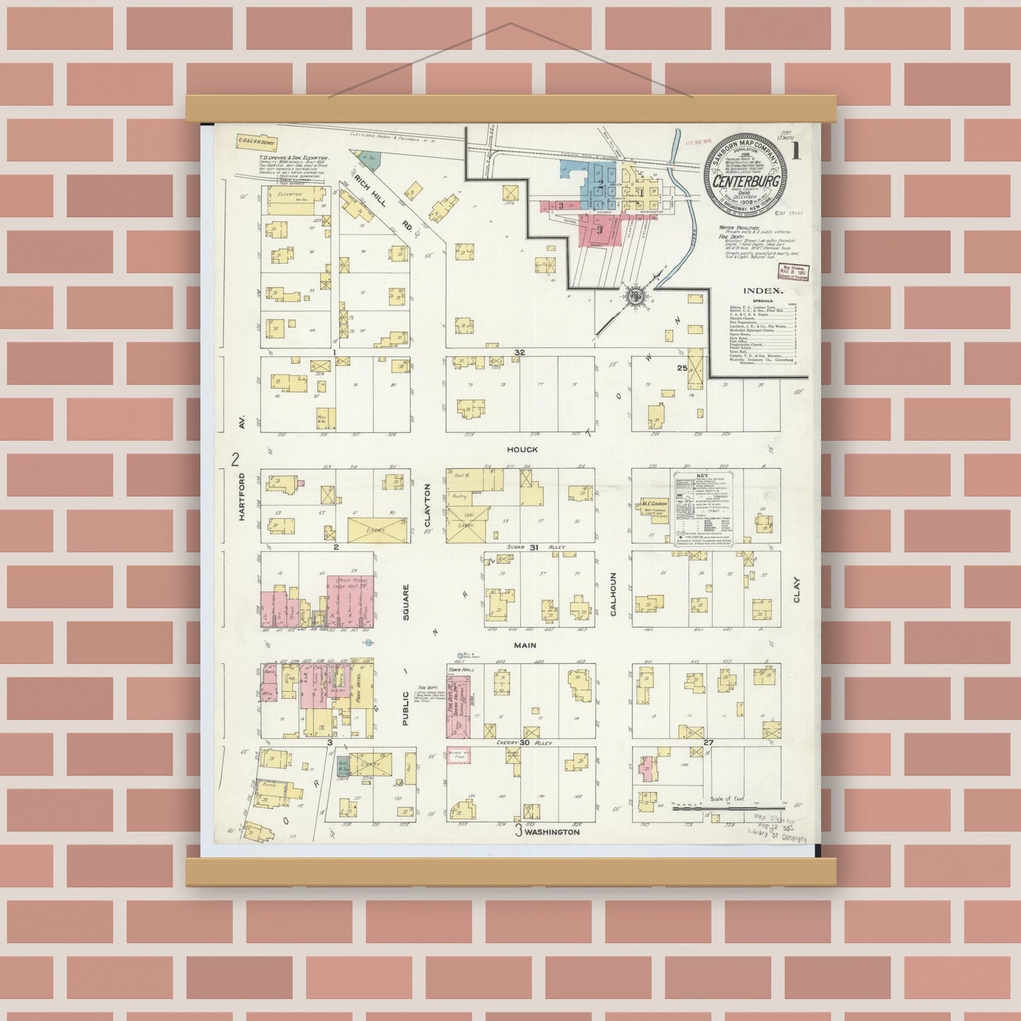 Old map wall art mockup — magnetic wood frame on brick wall — Sanborn Fire Insurance Map from Centerburg, Knox County, Ohio (1909) - Complete Map Set