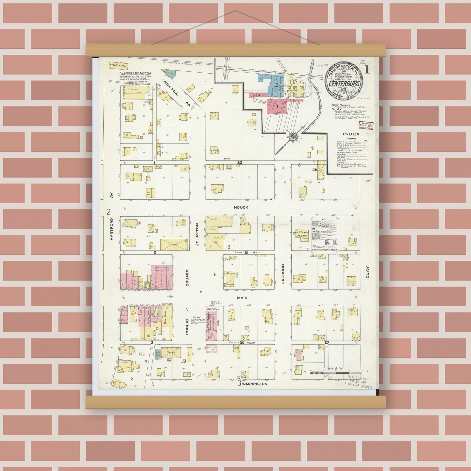 Old map wall art mockup — magnetic wood frame on brick wall — Sanborn Fire Insurance Map from Centerburg, Knox County, Ohio (1909) - Complete Map Set