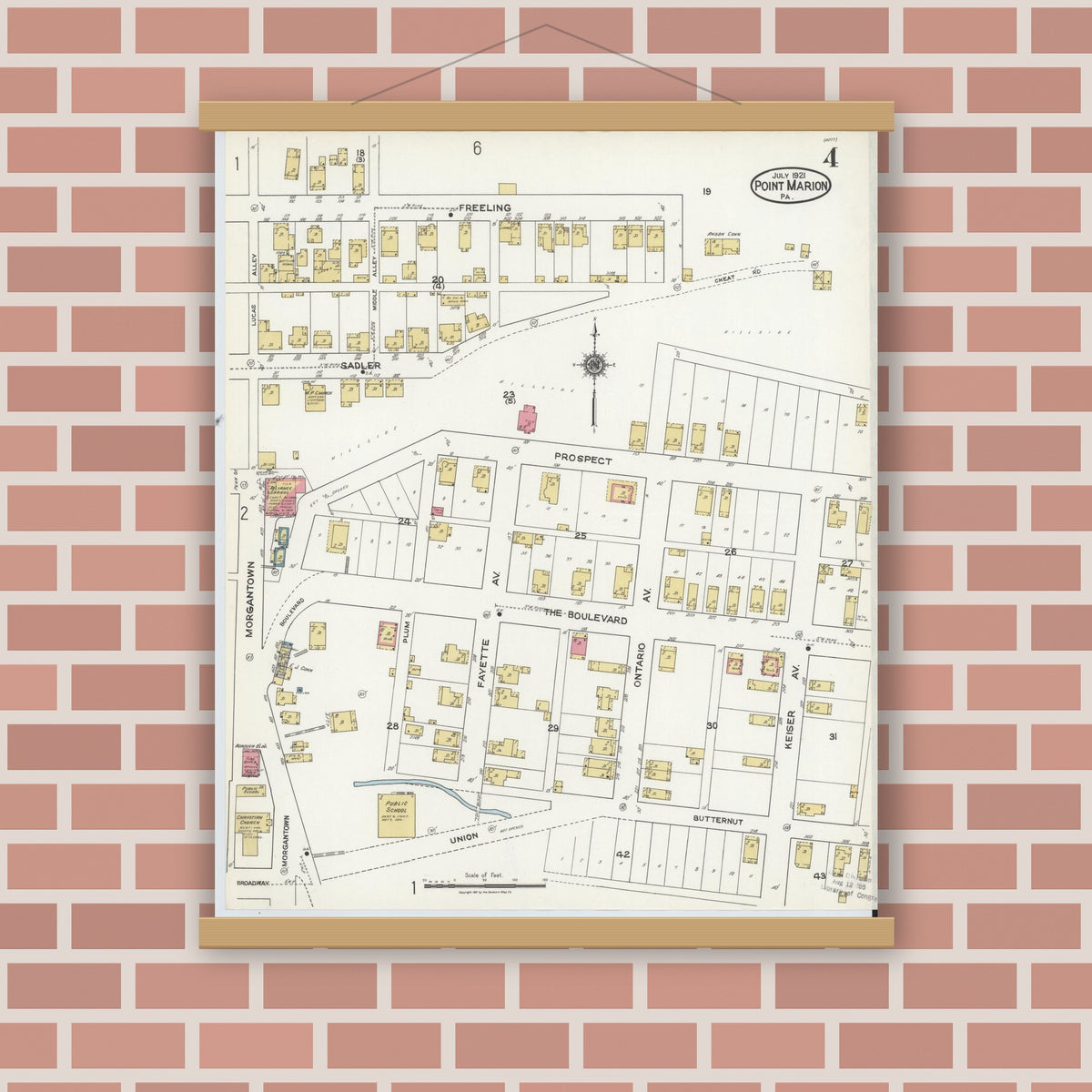 Old map wall art mockup — magnetic wood frame on brick wall — Sanborn Fire Insurance Map from Point Marion, Fayette County, Pennsylvania (1921), Sheet #0004