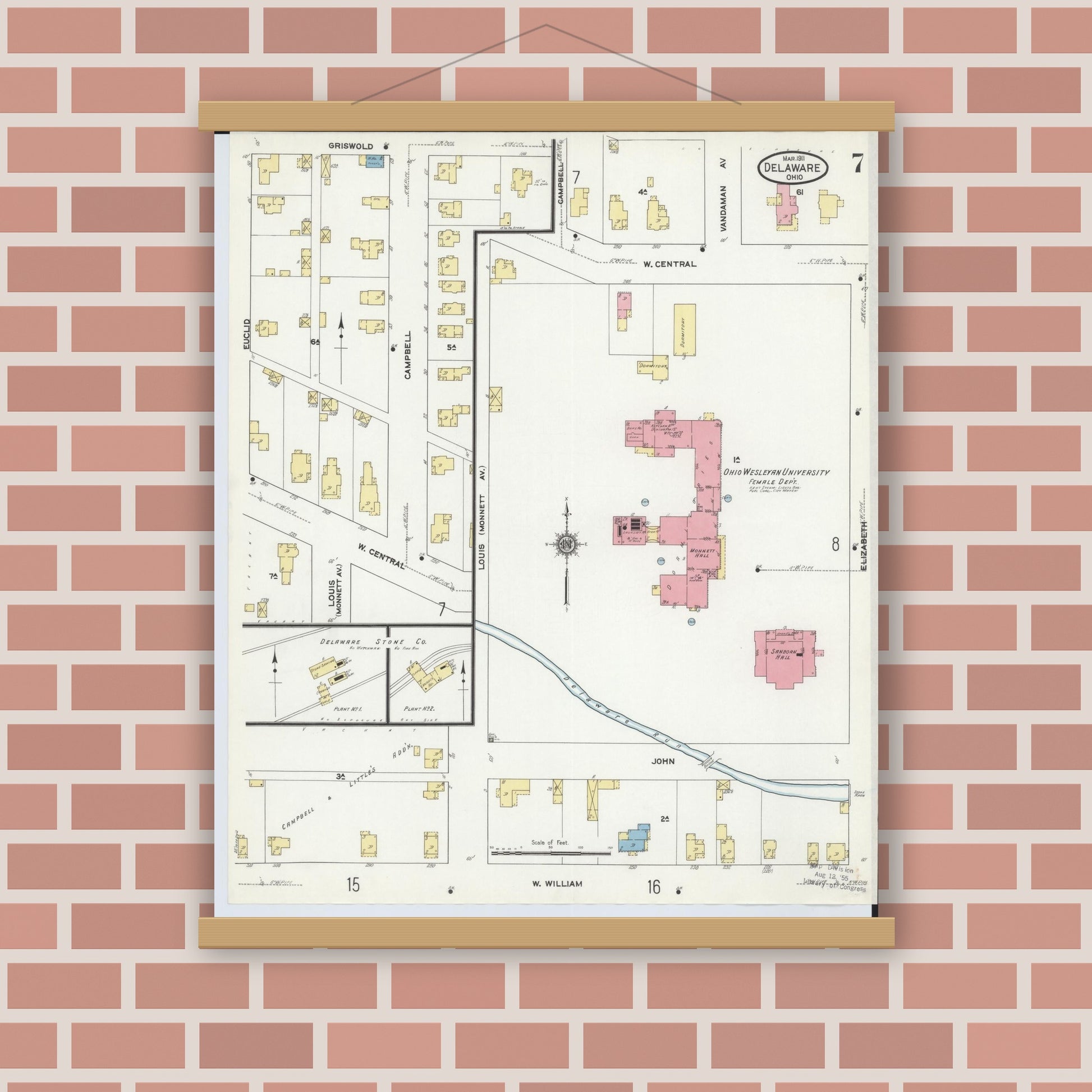 Old map wall art mockup — magnetic wood frame on brick wall — Sanborn Fire Insurance Map from Delaware, Delaware County, Ohio (1911), Sheet #0007
