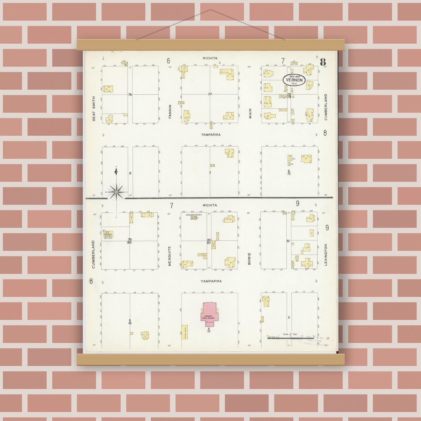 Old map wall art mockup — magnetic wood frame on brick wall — Sanborn Fire Insurance Map from Vernon, Wilbarger County, Texas (1907), Sheet #0008