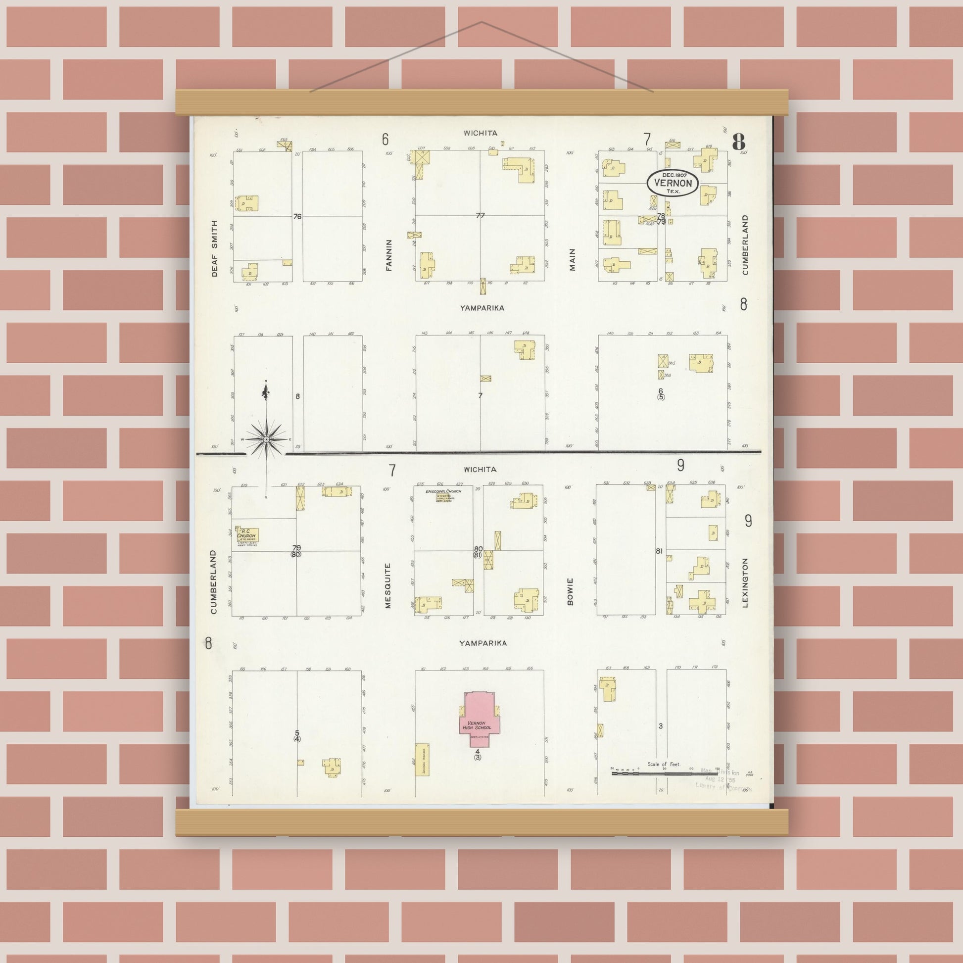 Old map wall art mockup — magnetic wood frame on brick wall — Sanborn Fire Insurance Map from Vernon, Wilbarger County, Texas (1907), Sheet #0008